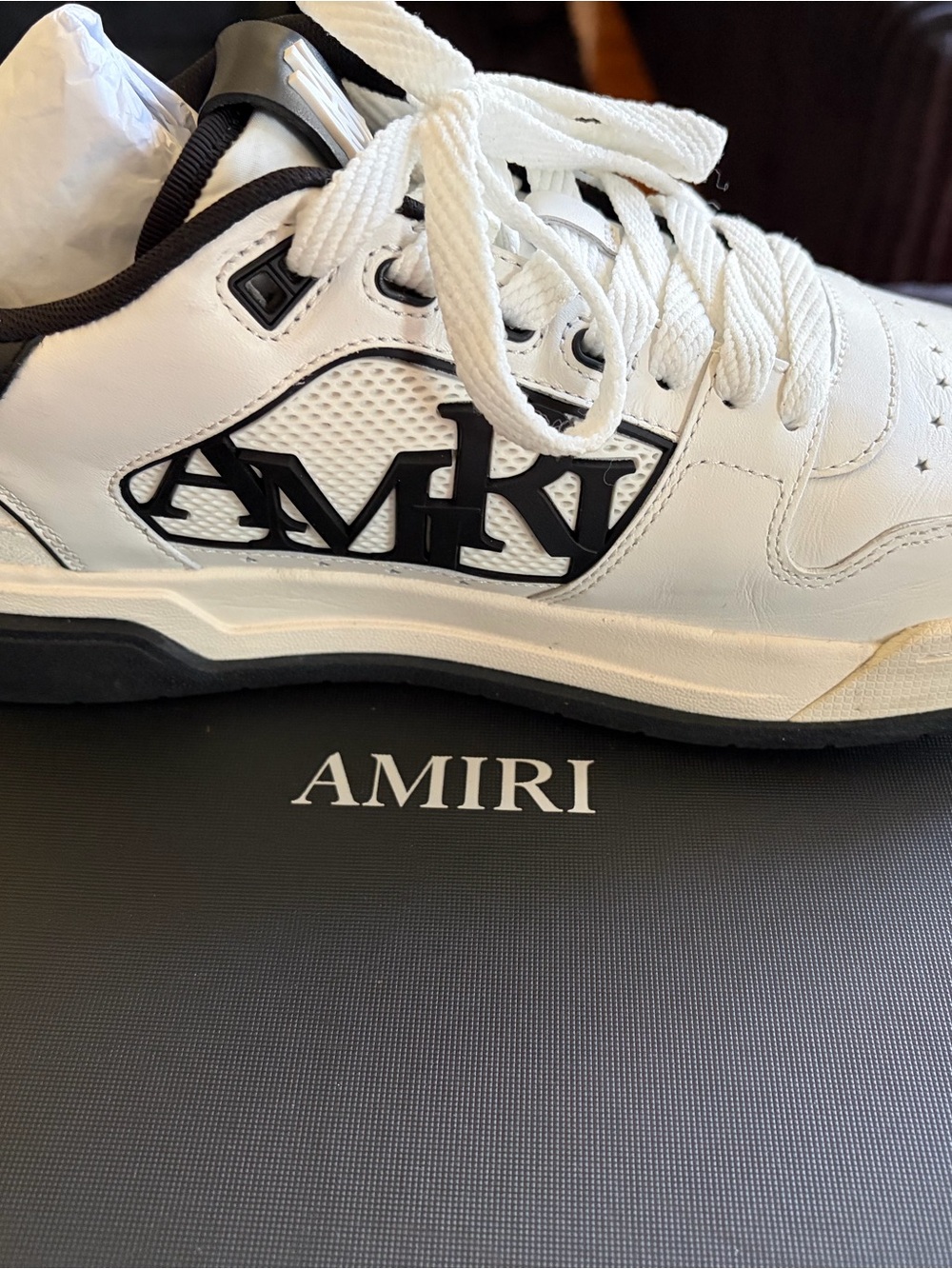 AMIRI White Leather Low-Top Sneakers with Black Logo Accents
